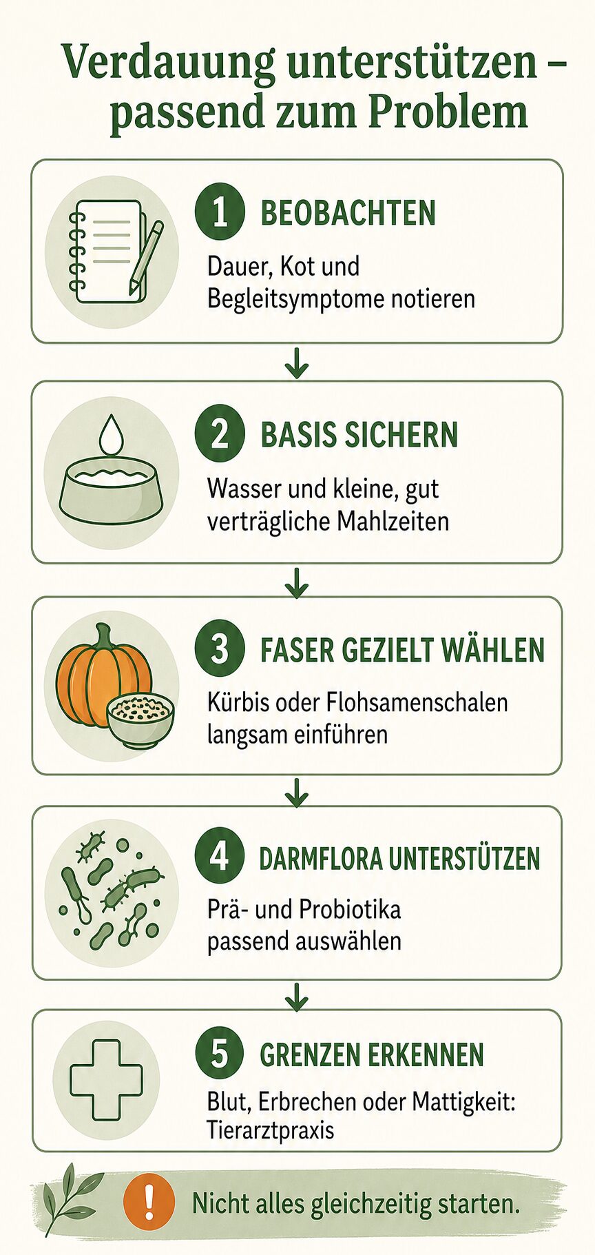 Infografik mit fünf Schritten zur Unterstützung der Hundeverdauung: beobachten, Wasser und Mahlzeiten, Fasern, Darmflora und Warnzeichen
